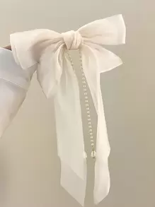 1件女士白色超长丝带、网纱、蝴蝶结、珍珠、流苏发夹，背面装饰甜美可爱，优雅高端时尚发饰，适合日常佩戴，可爱情人节礼物，发夹、蝴蝶结、发饰、头饰 - 白色 - 查看 6