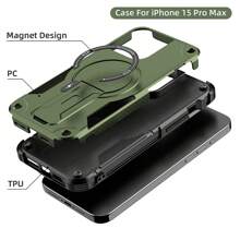 磁吸重型防震雙層全身保護手機殼帶支架,2合1的pc+tpu堅固手機殼 - 軍綠色 - 查看 3