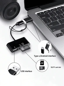 3-In-1 Multifunctional Card Reader With Type-C & Android Interfaces, Compatible With Tf/Sd Cards, Usb Flash Drives, Camera Cards, Type-C & Android Otg Devices - Black - View 5