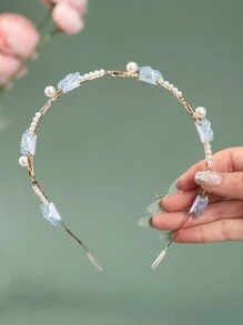 1件時尚玫瑰花與仿珍珠髮箍 優雅皇冠髮箍 情人節髮飾 頭箍 - 藍色 - 查看 2