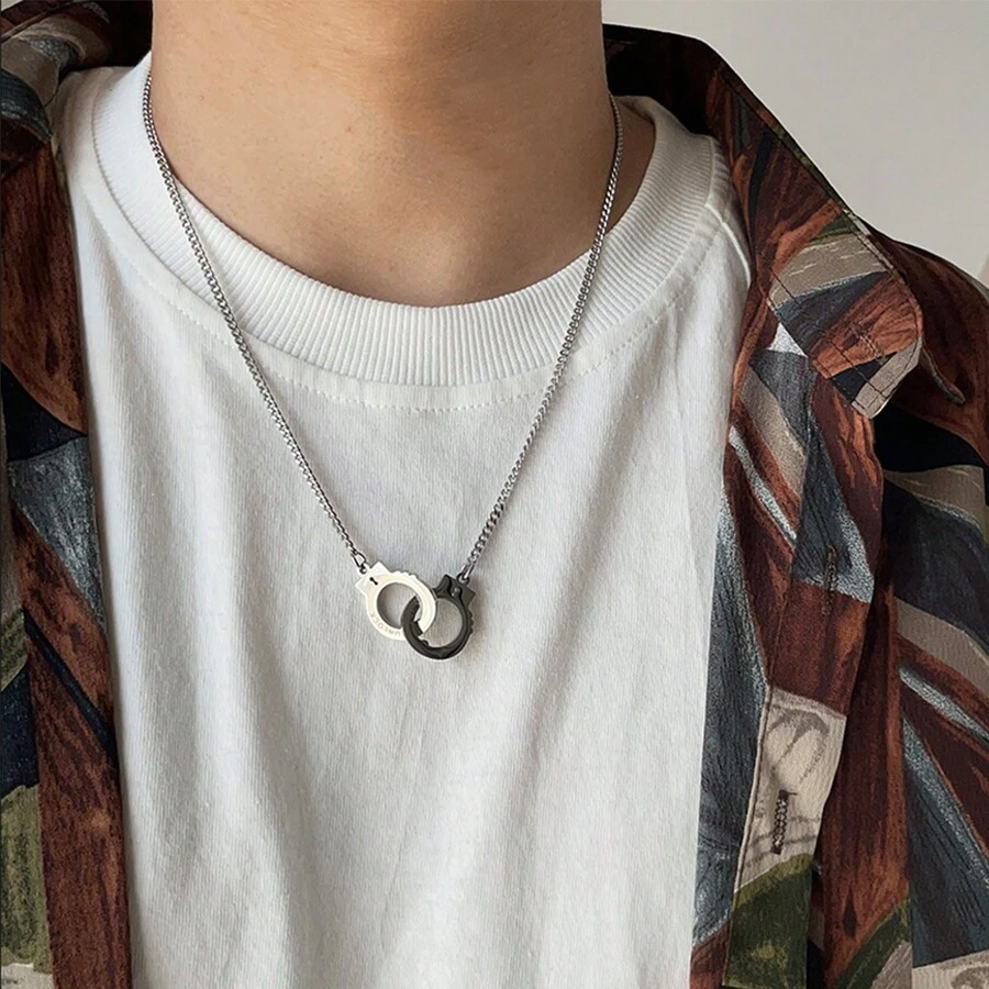 18k鍍金1個嘻哈風創意手銬吊墜男孩項鏈時尚不鏽鋼珠寶最好的朋友禮物,適用於派對 - 手銬項鍊 - 查看 1