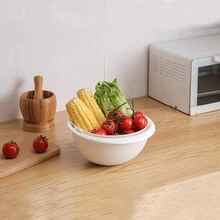 1入組廚房多功能雙層排水籃,藍色蔬菜水果籃,洗米瀝水器,蔬菜水果排水收集籃 - 白色 - 查看 3