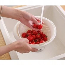 1入組廚房多功能雙層排水籃,藍色蔬菜水果籃,洗米瀝水器,蔬菜水果排水收集籃 - 白色 - 查看 4