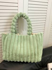 1只綠色絨布條紋設計手提包,大容量和毛茸茸的球,適合女性日常使用 - 綠色 - 查看 2