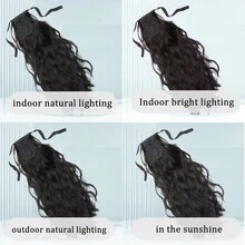 18吋柔軟馬尾假髮,帶式高溫絲大波浪馬尾自然輕盈,辮子假髮 - 黑色 - 查看 6