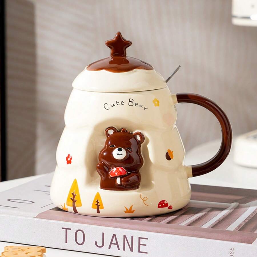 1set Creative Ceramic Mug With Lid And Spoon, Embossed With Cute Bear Design, Sweet Gift For Couples - Three-dimensional Bear Pine Cup - View 1