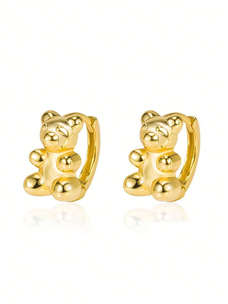 Aretes de oso adorables de plata de ley 925 de estilo japonés y coreano, diseño único de pendientes y joyería de orejas - Amarillo Oro - Ver 1