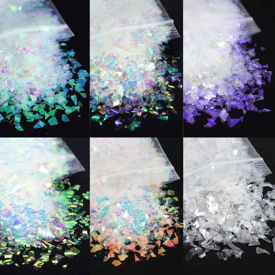 6 袋装 60 克全息美人鱼不对称亮片指甲闪光片闪亮亮片 DIY 配件美甲装饰用品美甲配件套装每袋 10 克 - 彩色 - 查看 1