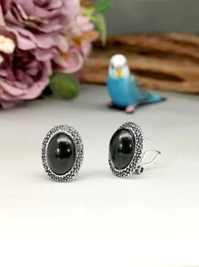 1對復古法式長形高端幾何耳環,具有淑女風格,小巧豪華設計 - 黑色 - 查看 4