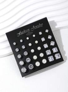 Conjunto de pendientes de moda, con circonita cúbica e incrustaciones de perlas falsas, pendientes de metal con forma de corazón, diseños florales y geométricos, pendientes para mujer, accesorios de joyería esenciales para el uso diario y regalos festivos - Plateado - Ver 11