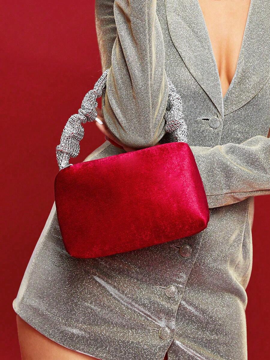 1pc Dazzling Rhinestone Decorated Velvet Clutch Bag With Wrist Strap, Ideal For Evening Party - Red - View 1