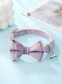 格子蝴蝶結寵物項圈（貓狗皆適用） - 紫色 - 查看 3