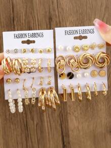 23 Pairs Of Gold Earrings And Ring Shaped Earrings Set With Sparkling Rhinestones For Simple Style Zinc Alloy Jewelry Gifts For Friends - Style 1 - View 1