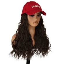 DZfirst 18inch Đỏ  Mũ Tóc giả Tóc giả tổng hợp Mũ bóng chày áo có mũ Nâu Tóc giả Mũ Với Dài Dợn sóng Tóc xoăn Hằng ngày - Cà phê nâu - Xem 3