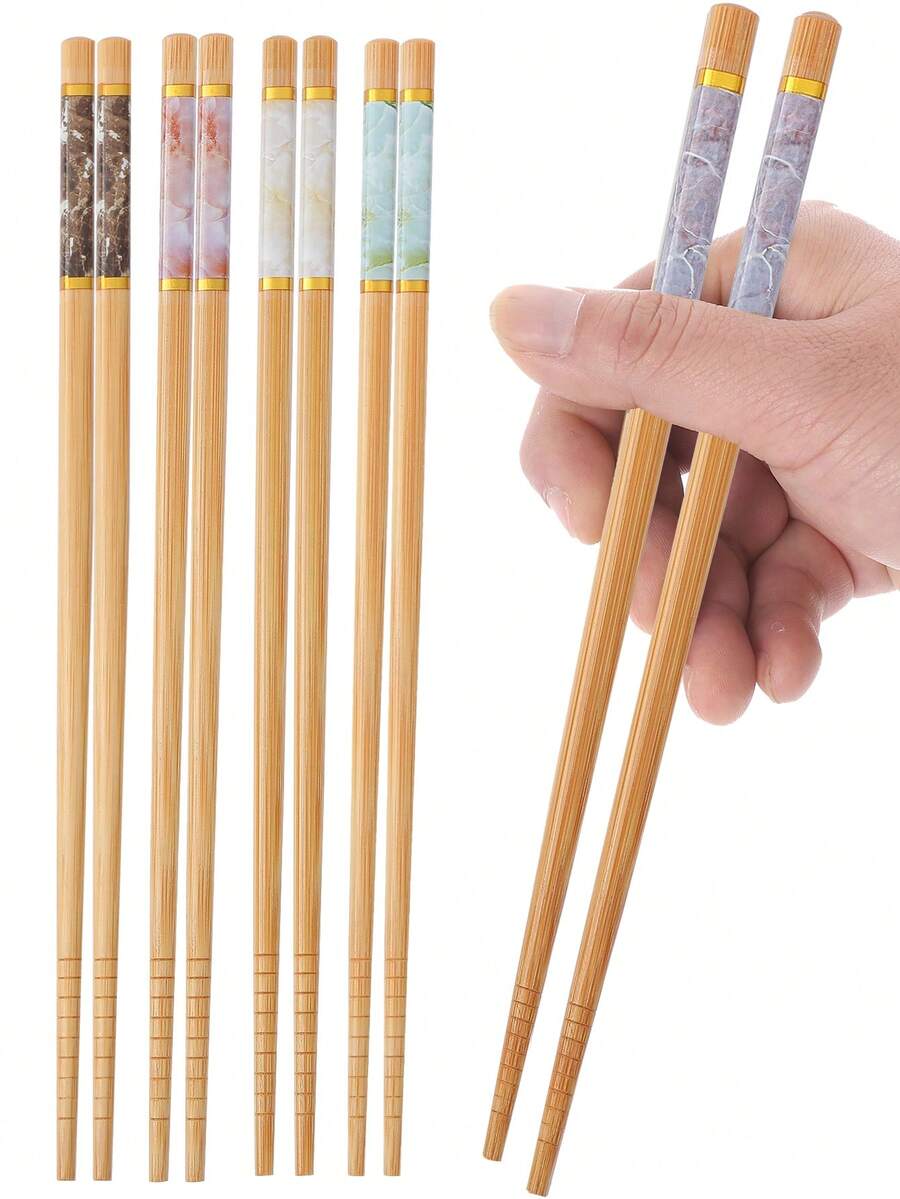 5pairs Lightweight Reusable Japanese Ramen Noodles Chopsticks With Marble Pattern - Apricot - View 1