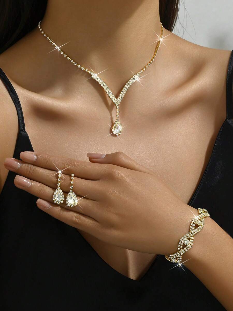 4 件新娘首饰套装：水晶 V 形项链、耳环、编织手链 - 金色 - 查看 1