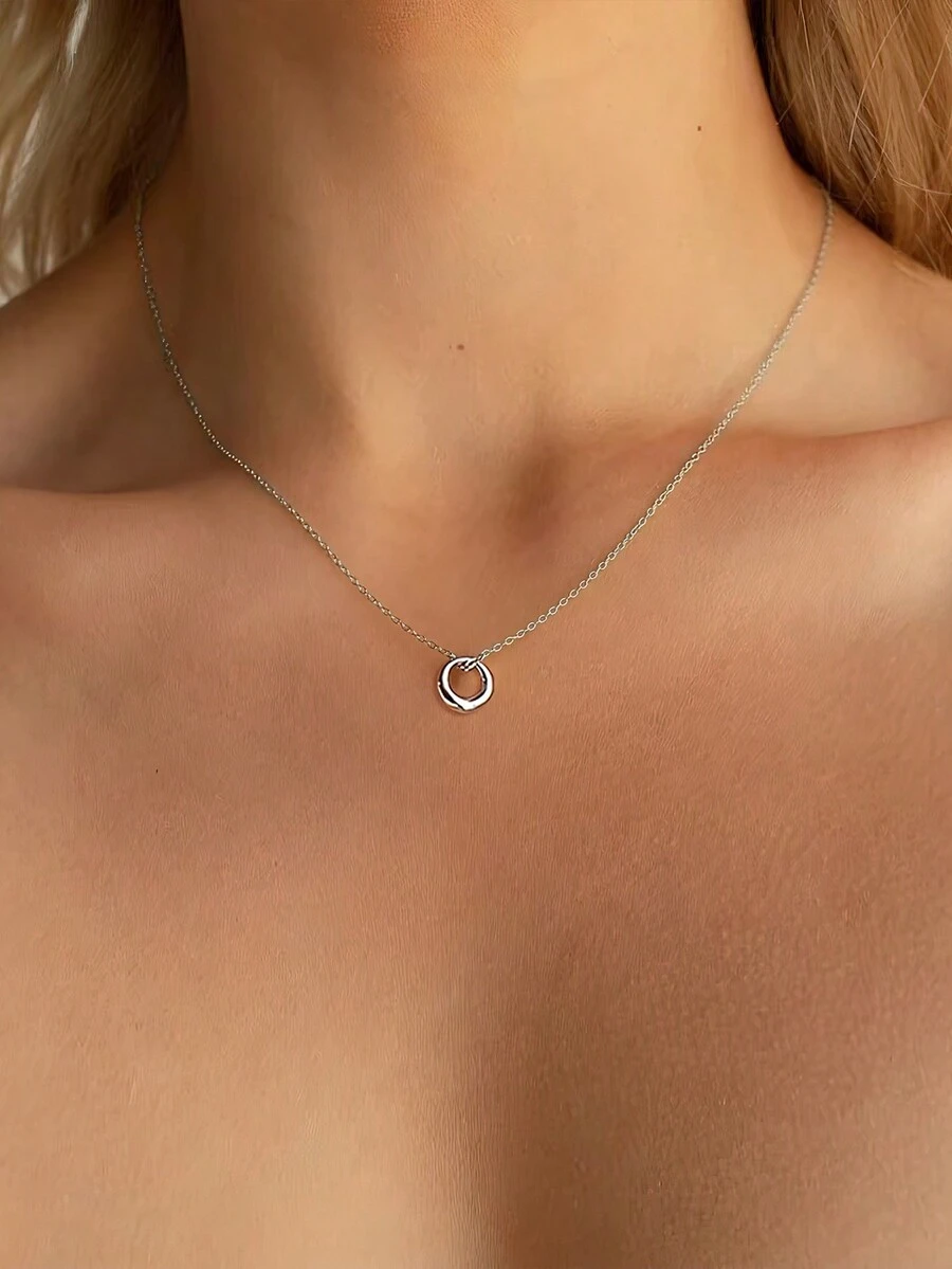 韓式簡約幾何圓形金屬短款925純銀鎖骨鏈項鍊女款 - 圓環 - 查看 1