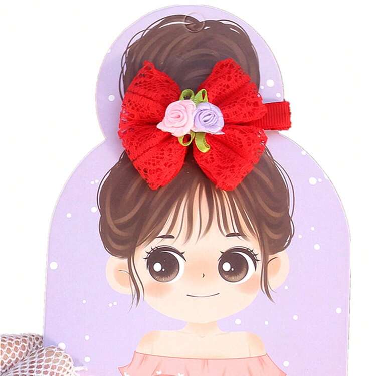 兒童髮夾,寶寶女孩蕾絲玫瑰花蝴蝶結髮夾,修剪劉海和髮飾 - 紅色 - 查看 3