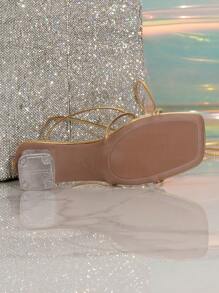 金色十字带粗高跟鞋，舒适方头，适合搭配裙子，性感百搭，透明中跟正装凉鞋，饰有精美水钻，适合女士