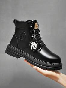 Autumn And Winter Style Pu Leather Men's Boots, Thickened/Wear-Resistant, Two Styles: Shoes And Thickening, Breathable, Flat Bottom, High-Top, British Style, Work Boots For Outdoor, Labor Protection - Black - View 3