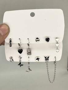 European And American Personalized Butterfly And Heart Shaped Oil Drop Earrings Set - Silver - View 1