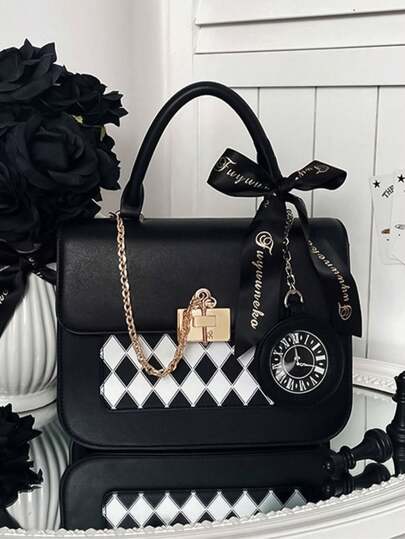 1pc Mirror Inside Alice Style Diamond Grid Patterned Transparent Pvc Shoulder Bag, Jk Bag For Ladies' Daily Use With Room For Personalization And Decoration