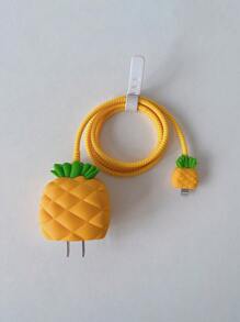 4入組可愛卡通菠蘿設計手機充電器套和充電線插頭保護套,兼容蘋果18/20w充電器和數據線,防塵、防刮擦和防震 - 黃色 - 查看 7