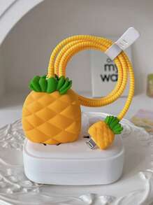 4入組可愛卡通菠蘿設計手機充電器套和充電線插頭保護套,兼容蘋果18/20w充電器和數據線,防塵、防刮擦和防震 - 黃色 - 查看 2