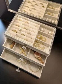 1pc Sophisticated Multi-Layer Jewelry Storage Box With Earring, Necklace, Ring Display Stand, Velvet Flip Cover Drawer Style Organizer, Room, Bathroom, House, Pink Room, Living Travel Stuff, Gift Bag, Gifts For Mom, Dad, Men, Friends, Teacher, Birthday, Wedding, Desk, Shelves, Accessories, Gift Boxes, Funny Gift, Storage Bag, Makeup Bag, Desk Organiser, Cosmetic Bag, Makeup Pouch, Make Up Pouch, Make Up Bags, Jewellery Box, Pouch, Makeup Brush Holder, Brush Holder, Perfume Organiser, Pouch Bag, Gifts Christmas Gifts, Gift Ideas For Women - Beige - View 5