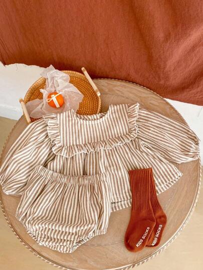 2件套女婴春秋荷叶边领条纹长袖衬衫和灯笼裤套装