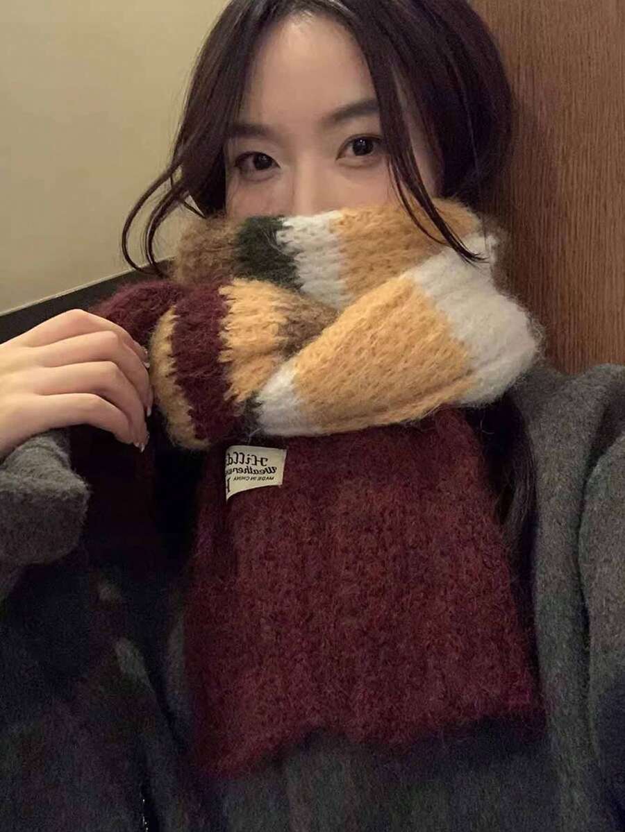 1入女士複色條紋圍巾,聚酯纖維材質,秋冬百搭 - 彩色 - 查看 1