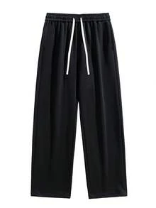 男士實色束口腰直筒褲 - 黑色 - 查看 3