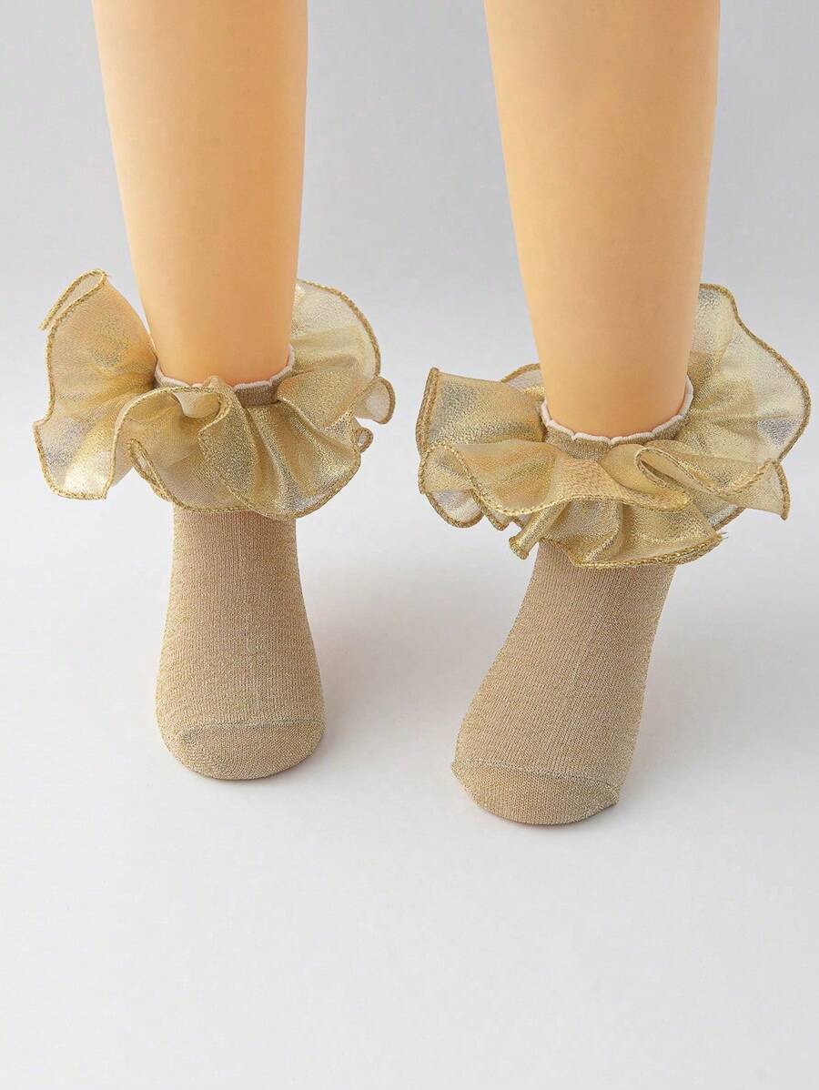 1 Pair Girls' Middle & Big Kids' Gold Silk Dancing Socks With Elegant Floral Lace, Princess Style Short Socks For Party Outfit - Gold - View 1