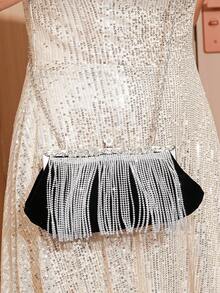 Vincy閃粉手袋1入鑽石裝飾穗子黑色絨布手拿包，斜挎包，手腕包，適用於派對，宴會，晚餐，跳舞等場合 - 黑色 - 查看 8