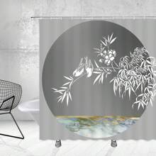 1pc Shower Curtain With Bamboo, Flowers, Birds Design For Bathroom Decor, With Hooks - Light Grey - View 1