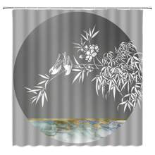 1pc Shower Curtain With Bamboo, Flowers, Birds Design For Bathroom Decor, With Hooks - Light Grey - View 3