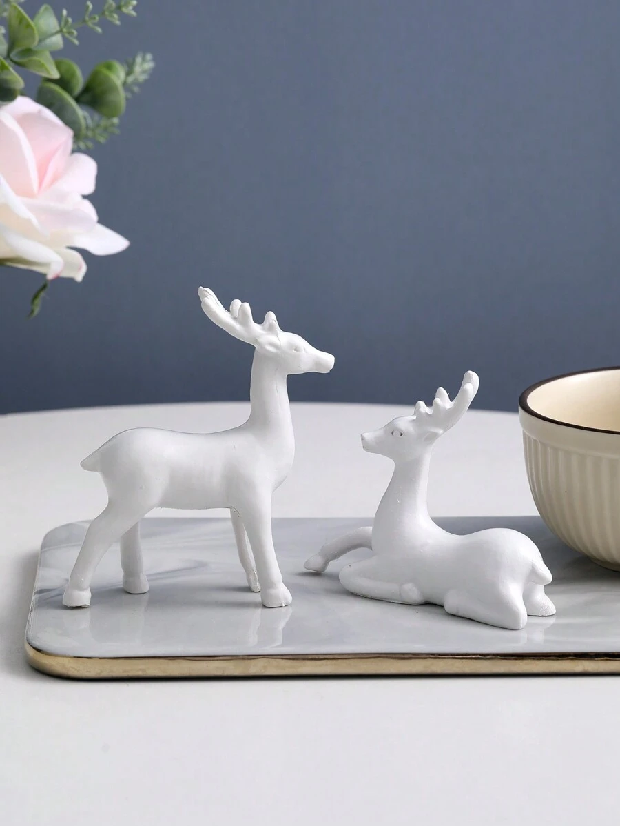 1set Simple Resin White Elk Couple Statue Tabletop Decoration Accessories - White - View 1