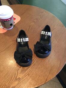 1 Pair Red Leather Comfort With Bows Decor And Faux Pearl Laces Flat Shoes For Girls, Suitable For Spring, Summer, And Fall - Black - View 1