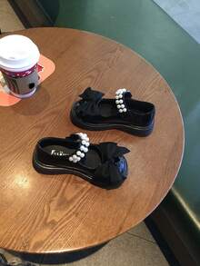 1 Pair Red Leather Comfort With Bows Decor And Faux Pearl Laces Flat Shoes For Girls, Suitable For Spring, Summer, And Fall - Black - View 9