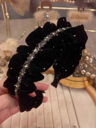 1pc Girl's New Velvet Rhinestone Chain Pleated Headband, Versatile For Daily Wear, New Year 2026