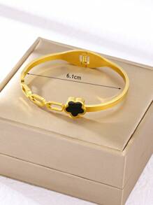 1件不锈钢不褪色时尚简约奢华小众设计ins风甜美优雅精致创意个性化白色贝壳锆石手链，适合日常佩戴，送朋友礼物，配饰 - 金黃色 - 查看 4