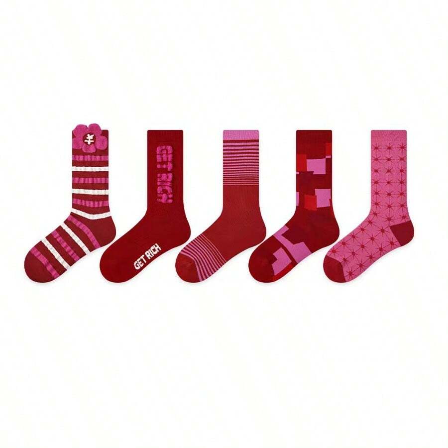 5pairs One Size Knitted Red Dragon Pattern Women's Winter Fashion Socks For New Year - Hot Pink - View 1