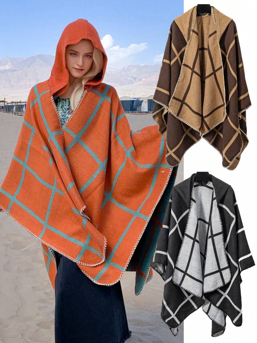 1件女性多功能格紋披肩斗篷,適用於攝影和日常穿搭,全季節適用 - 橘色 - 查看 1