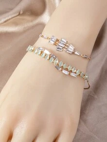 1條流行的幾何設計人造鋯石鏈與銅珠可調式拉繩手鐲,適合女性日常穿著 - 金黃色 - 查看 1