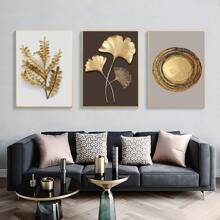 3pcs  Nordic Ginkgo And Annual Wheel Canvas Wall Art - Golden Leaf Poster Prints For Home Living Room Decor - NO Frame Included - Multicolor - View 4