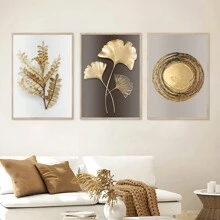 3pcs  Nordic Ginkgo And Annual Wheel Canvas Wall Art - Golden Leaf Poster Prints For Home Living Room Decor - NO Frame Included - Multicolor - View 1