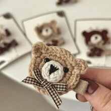 2pcs Cute Knitted Bear Hair Clips With Bowknot For Toddler Girls, Cartoon Hairpins In Beige & Milk Color - Khaki - View 1