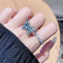2pcs/Set Luxurious Cubic Zirconia Butterfly Decor Open Rings, Suitable For Women Daily Wear, Wedding, Valentine's Day Gift - Blue - View 10
