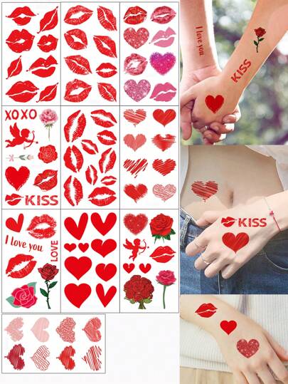 10 Sheets Valentine's Day Party Temporary Tattoos Body Hand Face Sweet Heart Tattoo Stickers For Valentine's Day Wedding Sticker Supplies