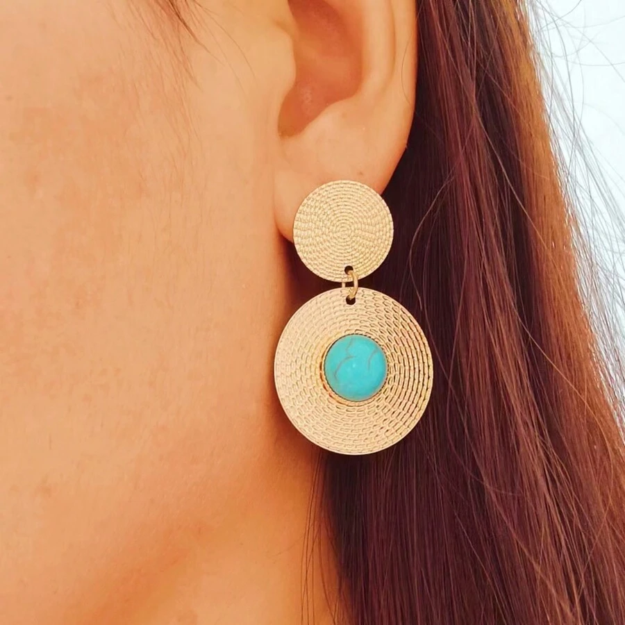 1pair Women's Daily Wear Fashionable Gold-Color Geometric Circle Earrings - Blue - View 1
